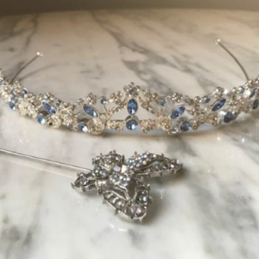 Blue Crystal Tiara & Butterfly Hairpin
